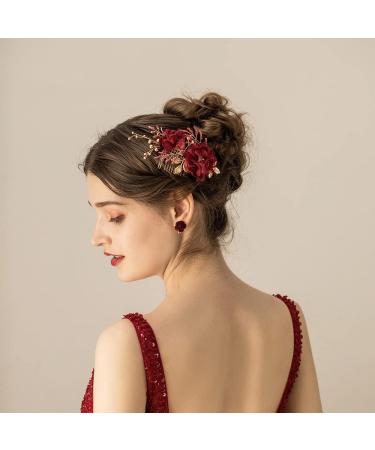 Handmade Red Flower Lace Bridal Hair Comb - Elegant Wedding Side Comb for Women - Buy Online on GoSupps.com