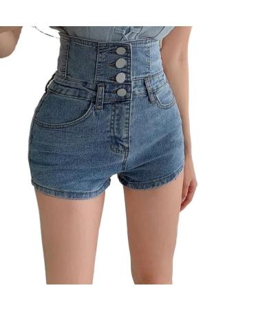 Uck-Kit women's denim shorts with high waist single-row shorts with cross-tail hips summer torn jeans shorts blue s s Blue blue