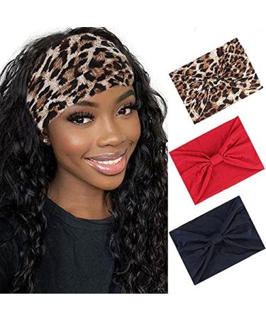 Metisee Wide Bandeau Headbands Black Knot Hair Band Elastic Turban Thick Head Wrap Stretch Fabric Head Bands Thick Fashion Hair Accessories for Women and Girls (3 Pcs) (Set 1)