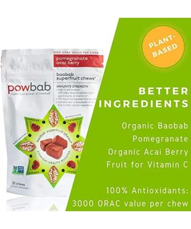 Powbab Baobab Superfruit Chews - 750mg Raw Organic Baobab Powder, Immune Boosting Superfood with 100% Antioxidants for Cold Season. Acai Berry & Pomegranate Supplement, Non GMO - 30 Chews - Buy Online on GoSupps.com