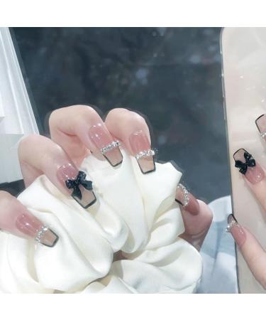 French Press on Nails - Mid length Press On Nails with Nail Tips diamond Chain Bow Design Glossy Naked color press on nails Acrylic False Nails Cute Artificial Nails - Buy Online on GoSupps.com