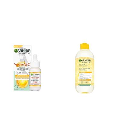 Garnier Vitamin C Serum With 3.5% Niacinamide + Salicylic Acid Evens Smoothens and Brightens Skin & Micellar Cleansing Water All-in-One Makeup Remover & Face Cleanser With Vitamin C