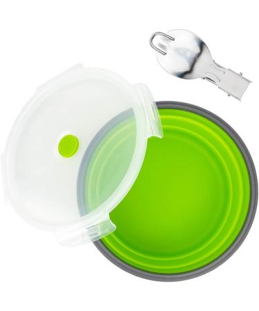 Cyanzi 1200ml Collapsible Camping Bowl with Lid, Stainless Steel Fork, and Spoon - Green | Silicone Food Storage Container for Picnic, Travel, Camping, RV, Fridge - Microwave Safe - Buy Online on GoSupps.com