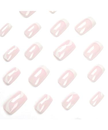 MISUD Square Press On Nails - White Wave Swirl Design Short Fake Nails - 24 pcs Glossy French Acrylic Stick On Nails - Cute Squoval Design - Buy Online on GoSupps.com