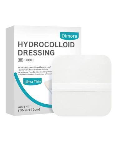 Dimora Hydrocolloid Wound Dressing, 10 Pack Ultra Thin 4" x 4" Large Patch Bandages with Self-Adhesive, Fast Healing for Bedsore, Burn, Blister, Acne Care, Sterile and Waterproof 0.3mm thickness Pack of 10