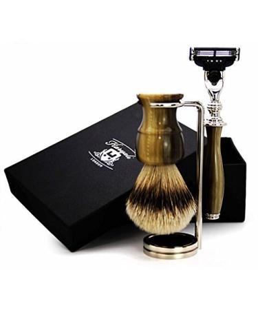Mens Shaving Kit 3 Edge Razor With Silver Tip Badger Hair Shaving Brush and Stand Perfect Set For Men