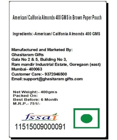 Jaiccha Ghasitaram American/ Califonia Almonds 400 GMS in Brown Paper Pouch - Buy Online on GoSupps.com