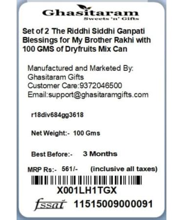 Ghasitaram Gifts Rakhi for Brother Rakhis Online - Set of 2 The Riddhi Siddhi Ganpati Blessings for My Brother Rakhi with 100 GMS of Dryfruits Mix Can 2 Rakhi with 100 gms of Dryfruits Mix Can - Buy Online on GoSupps.com