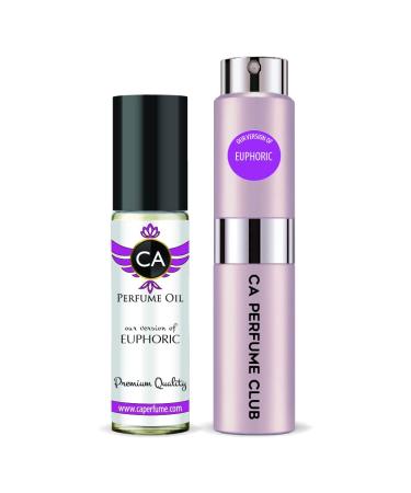 CA Perfume Duo Impression of Calvin Euphoric For Women Eau de Parfum Refillable Atomizer Sprayer + Fragrance Body Oil Long Lasting Sample Travel Size Roll-On Bottle 0.27 Fl Oz+0.33 Fl Oz