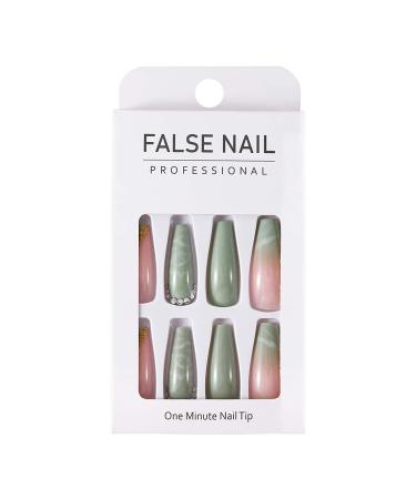 Brishow Coffin Artificial Nails - Long Pink Green Bellarina Acrylic Press-On Nails - 24pcs for Women & Girls | International Shipping - Buy Online on GoSupps.com