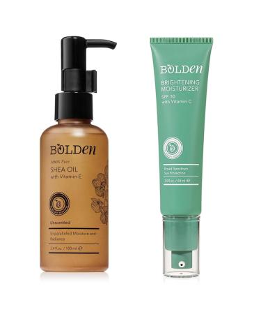 BOLDEN Shea Oil & SPF 30 Brightening Face Moisturizer Bundle 100% Natural Moisture & Radiance for Skin & Hair with Vitamin E & C Broad Spectrum UVA/UVB Protection Unscented & Clear Application