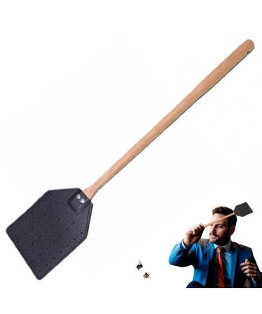 Home Fly Swatter Wood Handle Punched Leather Flyswatter Manual Insect Mosquito Wasp Pest Control Fly Zapper Racket for Indoor Black