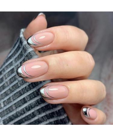 24Pcs Press on Nails Short French Tips Fake Nails Acrylic Square False Nails Summer Reusable Artificial Silver Almond Nails for Women and Girls