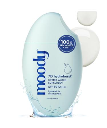 Moody 7D Hydro Burst Water Lightweight Non Greasy Sunscreen | Sweat proof No White Caste | UV & Blue Light Protection Broad Spectrum SPF50 PA +++| Dewy Finish | Men & Women | Paraben Free 50 ml