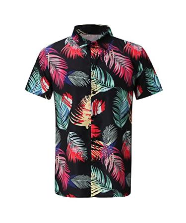 Fahsion Summer Plant Print Shirts Men's Short Sleeve Shirt Button Down T-Shirt Tops X-Large Red
