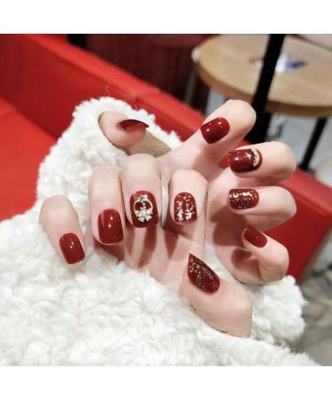 Temperament Enhancement Nail Patch Hand-Made Nail Patch Finished Product Wearable Fake Nails Brown-red Diamond-Encrusted Glitter Nail Patch Detachable Wearable Nail (10-Piece Pack) (Size : M)