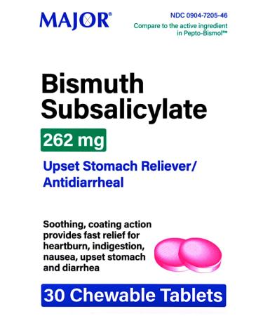 Major Bismuth Subsalicylate 262 mg Upset Stomach Reliever/Antidiarrheal - 30 Chewable Tablets