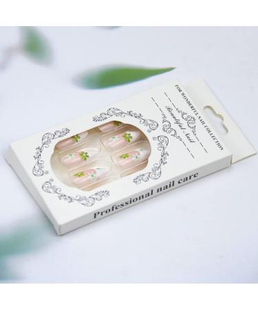 24PCS Medium Almond Glossy Flower Press On Nails - Green & White Spring Nail Decoration - Fake Nails with Glue - Women's Manicure - Buy Online on GoSupps.com