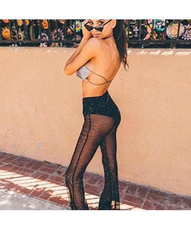 Women's Mesh Sheer Flared Bell Bottom Pants - Medium Black | Dance Festival Clubwear - Buy Online on GoSupps.com