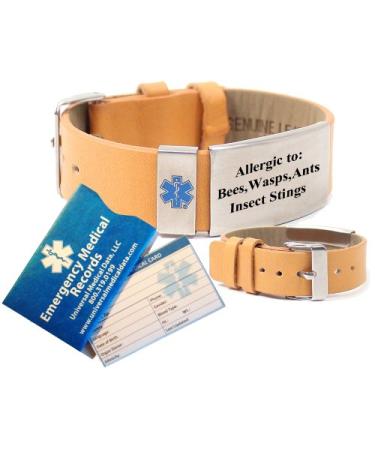 Pre-Engraved "Allergic to Bees Wasps Ants Insect Stings" Medical ID Wrist Band Tan Leather