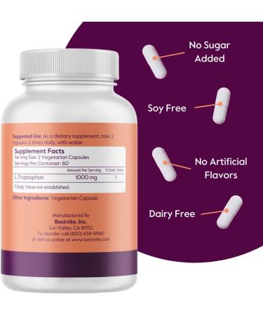 BESTVITE L-Tryptophan 500mg per Capsule (120 Vegetarian Capsules) - No Stearates - No Silica - No Gelatin - Vegan - Gluten Free - Non GMO 1 Count (Pack of 120) - Buy Online on GoSupps.com