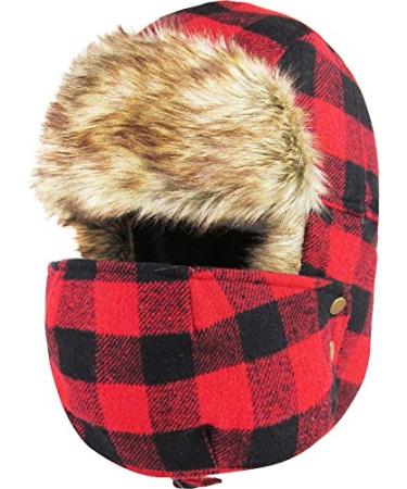Lumberjack Plaid Aviator Trapper Hat Trooper Ear Flaps Ushanka Eskimo Bomber Russian Cold One Size 4. Red Black Plaid Trapper Mask