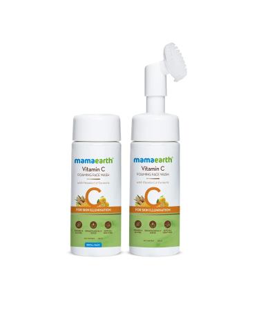 MAMAEARTH Vitamin C Foaming Face Wash with in-Built Brush | Skin Illumination with Turmeric | Gentle & Hydrating Dead Skin Exfoliator | 5.07 Fl Oz (150ml + 150 ml of Refill Pack) 5.07 Fl Oz (Pack of 2)