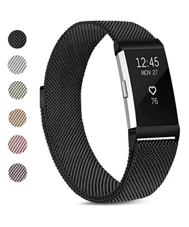 VANCLE Metal band Compatible with Fitbit Charge 2 Bands for Women Men, Stainless Steel Mesh Breathable Wristband with Adjustable Magnet Clasp for Fitbit Charge 2 band .Black Large