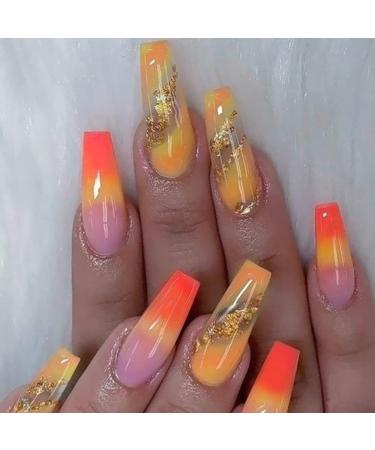 Xerling 24Pcs Gold Glitter Gradient Nails for Women Long Coffin Nails Tip Press on False Nails with Designs for Girls Colorful Fake Nails Full Cover (Pattern A)