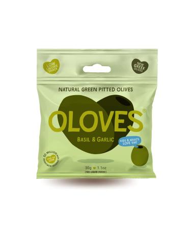 OLOVES Green Greek Pitted Olives | Basil & Garlic | Vegan, Kosher, Gluten Free + Keto Friendly, Fresh, All Natural Low Calorie Healthy Snacks | (30 Pack, 1.1oz Bags)