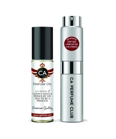 CA Perfume Duo Impression of I Don't Need A Prince By My Side To Be A Princess For Women & Men Parfum Refillable Sprayer + Fragrance Body Oil Long Lasting Sample Roll-On 0.27 Fl Oz+0.33 Fl Oz