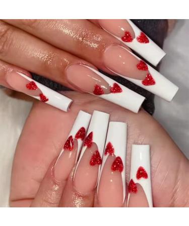MENILITHS 24Pcs Long Ballet Nails Wine Red Heart Shining False Nails Sticker False Nails Acrylic Fake Nails Full Cover Nails Tips Artificial Finger Manicure for Women and Girls
