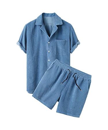 Mens 2 Pieces Sport Short Sets Active Basic Corduroy Set Casual Short Sleeve Beachwear Summer Tracksuits Jogging Suit Large Blue