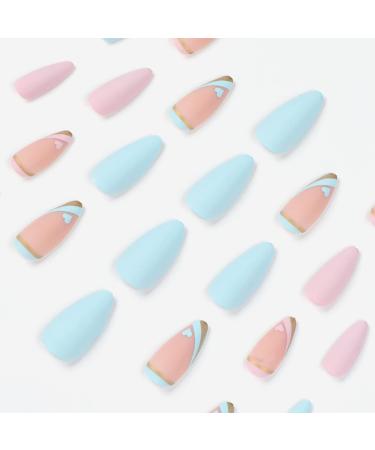 JUSTOTRY 24 Pcs Matte Stiletto Short False Nails | Heart Pattern Pale Pink & Blue French Press On Nails | Pretty Fake Nails with Nail Glue | Almond Medium Stick On Nails for Women - Buy Online on GoSupps.com