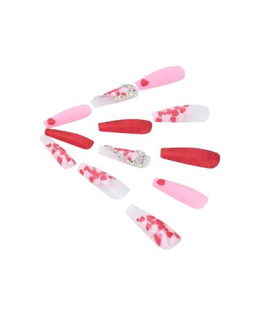 Brishow Red Press-On Nails with Heart Rhinestones | 24 Ballerina Acrylic Fake Nails for Women & Girls - International Shipping - Buy Online on GoSupps.com