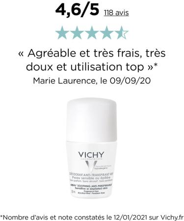 Vichy 48H Antiperspirant Deodorant Roll-on Fragrance-Free & Alcohol-Free Hypoallergenic For Sensitive or Hairless Skin Pack of 2 - Buy Online on GoSupps.com