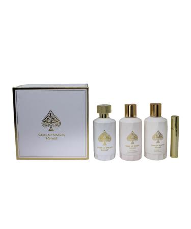 Jo Milano Game of Spades Royale 4-Piece Gift Set Unisex (3.4 Oz Parfum Spray + 6.8 Oz Body Cleanser + 6.8 Oz Body Cream + 0.27 Oz Refillable Atomizer) 4.32 Fl Oz (Pack of 4)