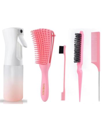 Lorsex hairbrush with 200ml hair spray bottle degradation for natural hair for afro hair 3a to 4c confused wavy curly hair with 3 pieces toupier brush set double edge (pink)