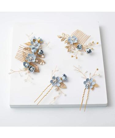 Gold Wedding Hair Combs Set - 4 Pearl & Rhinestone Bridal Accessories for Bride & Bridesmaids - Elegant Blue Hair Clips - Buy Online on GoSupps.com