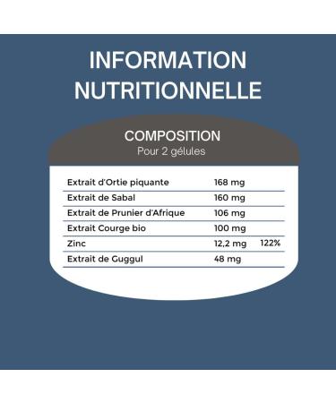 Formule Prostate et Confort urinaire - Contribue au bon fonctionnement de la prostate - Ortie Palmier nain Prunier d'Afrique Extrait de Courge Zinc - 100% Naturel - 60 g lules vegan. - Buy Online on GoSupps.com