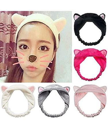 Adecco LLC 5 Pack Cat Ear HairBand Washing Face Shower Headbands Makeup Hairbands Beauty Lovely Spa Headbands For Women Girls Running Sport (Cat Ear)