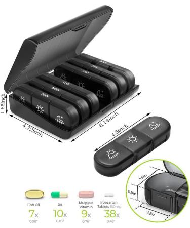 Buy Hoshen 21 Compartment Black Pill Box 7 Days 3 Daily Reminders | Portable & Organized Pill Organizer - International Shipping Available - Buy Online on GoSupps.com