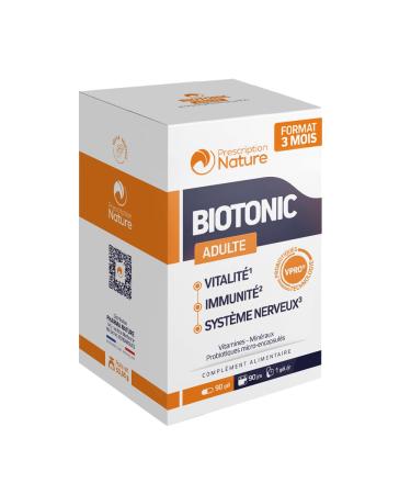 Prescription Nature - BIOTONIC ADULT - Food Supplement - Vitality, Nervous System - Vitamins A, B, C, D, E, Marine Magnesium, Zinc, Iron, Probiotics - Made in France - 90 Capsules