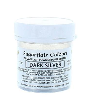 Sugarflair Colours Edible Power Pump Lustre - Dark Silver - Food Colouring Powder Edible Colour Dust Brush On Spray or Add Rejuvenator to Create Eye-Catching Paint Effect - 25g