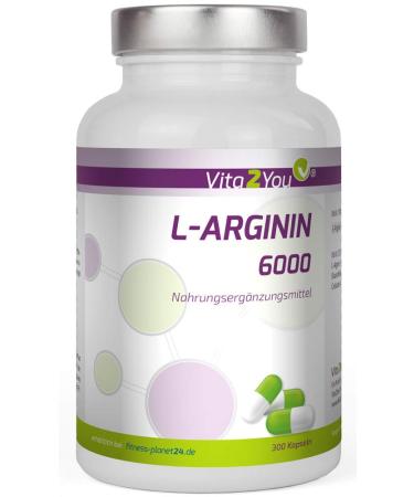 Vita2You L-Arginine 6000 | 300 capsules | 1000mg arginine per capsule | corresponds to 1200mg hydrochloride | High dosage | Premium quality