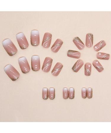 Ombre Nude White Press On Nails - Medium Square Glitter Swirl Design | 24 Pcs Fake Acrylic Nails for Women & Girls - Perfect for Daily Wear & Weddings - Buy Online on GoSupps.com