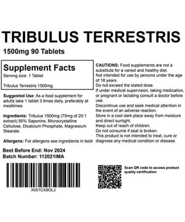 Premium Tribulus Terrestris Strong 1500mg Tablets - UK Made, Pharmaceutical Grade - Buy Online on GoSupps.com