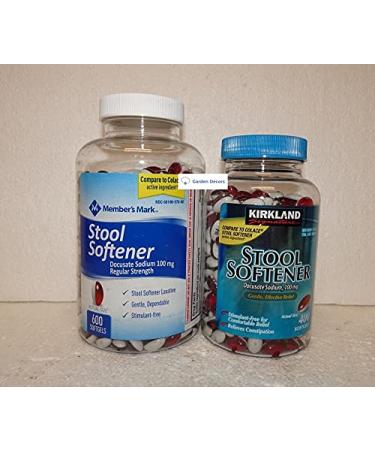 Kirkland & Member S Mark Stool Softener Docusate Sodium 100mg 400+600 Softgels (Two Bottles)