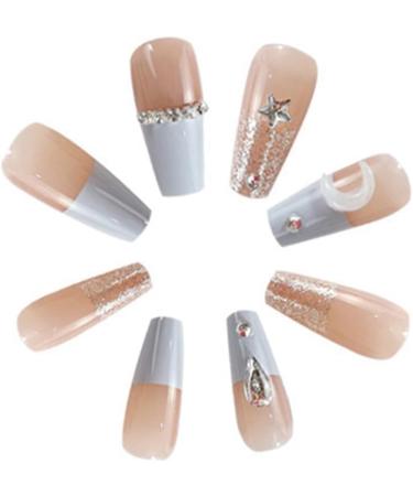 Eighosee 1Set Star Moon Color Blocking Wearable Nail Sea Salt Macaron Color Clear Diamond Model - Buy Online on GoSupps.com