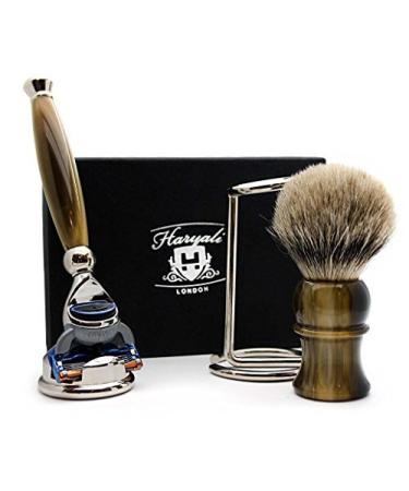 4 Pc Mens Shaving Kit 5 Edge Razor With Silver Tip Badger Hair Shaving Brush Stainless Steel Razor Stand and Brush Stand Perfect Set For Men